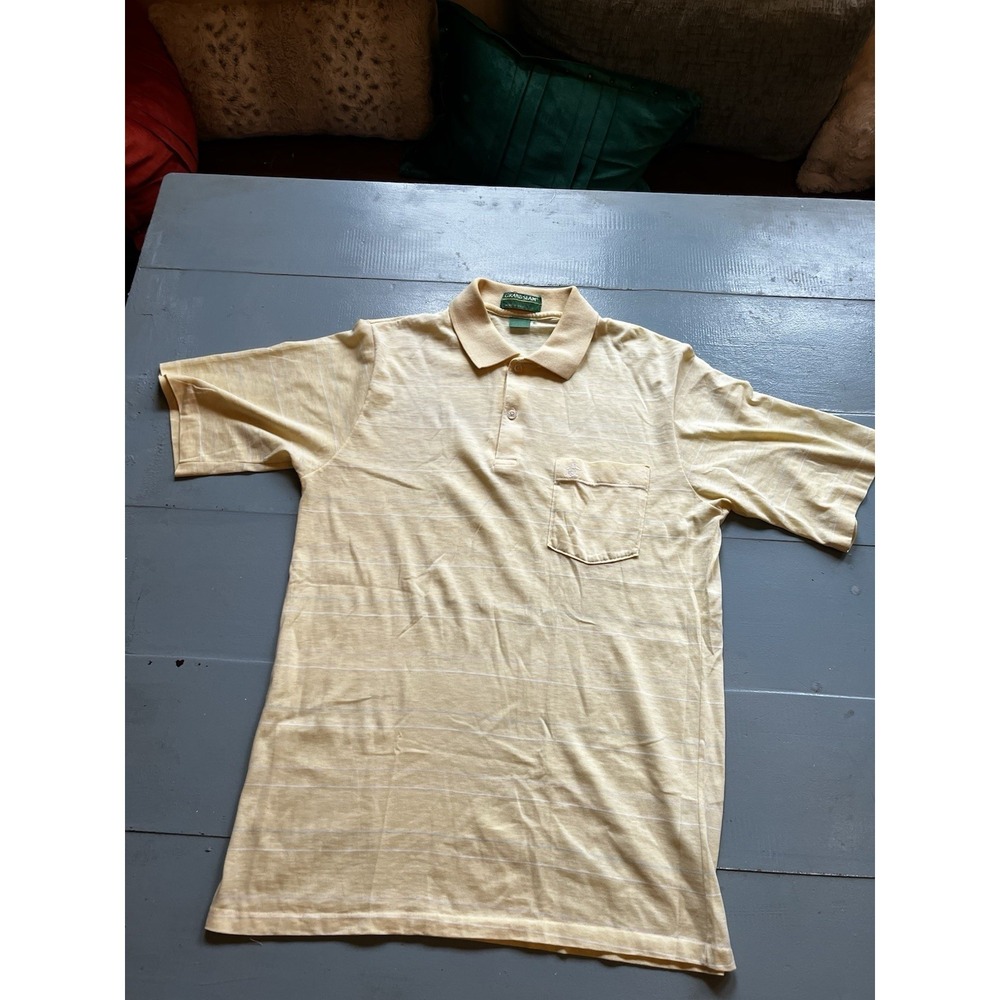 Vintage Grand Slam Mens L Cream Stripe Polo Made USA Penguin Golf Shirt Pocket